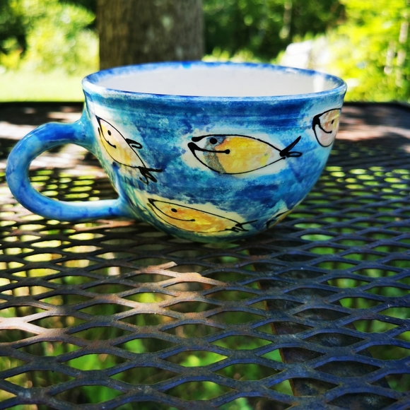 Art Pottery Large Blue and Yellow Fish Mug - Picture 1 of 12